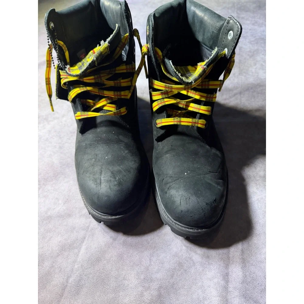 Timberland 6 Inch Premium Black Nubuck Yellow Plaid Boots Mens 10 M A28Q8